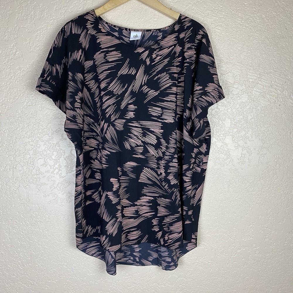 Cabi XL Tate Top Short Sleeve Blouse Geometric Black Pink 3433 Crew